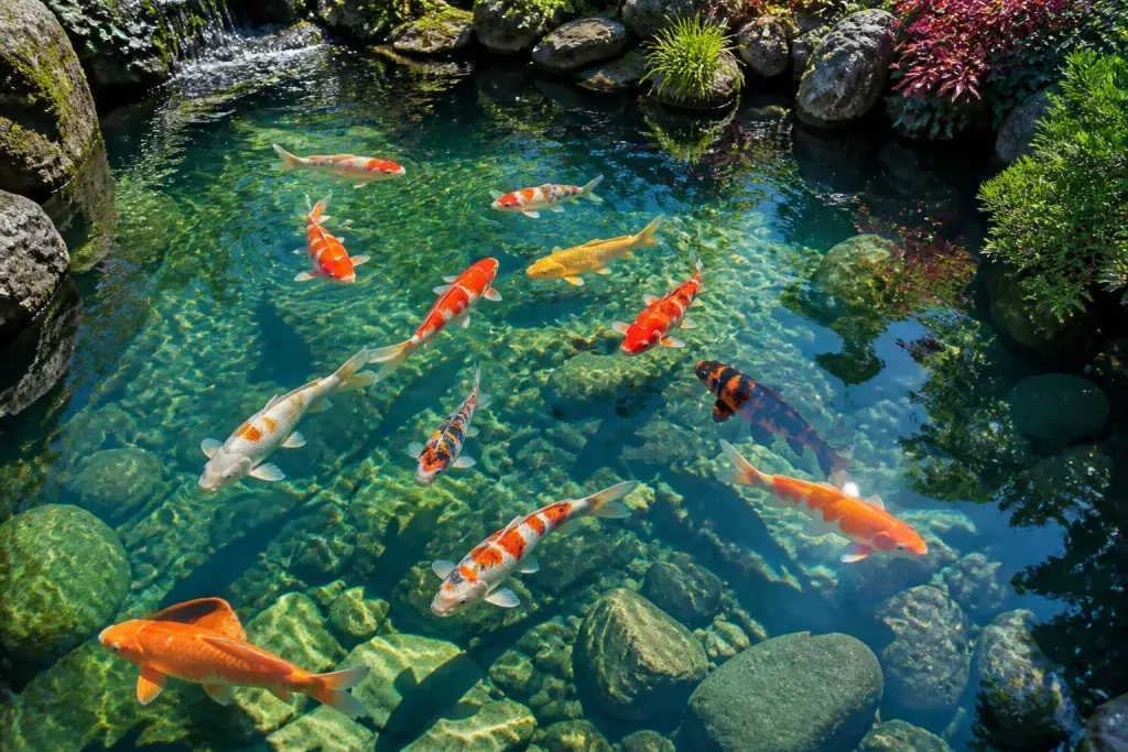 Carpes koi nageant dans un etang