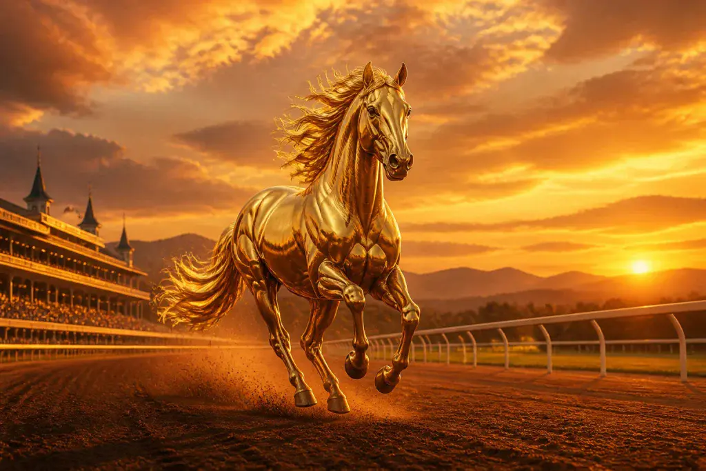 Cheval dor en pleine course au coucher du soleil