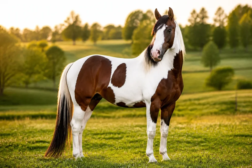 Magnifique cheval piebald au coucher du soleil