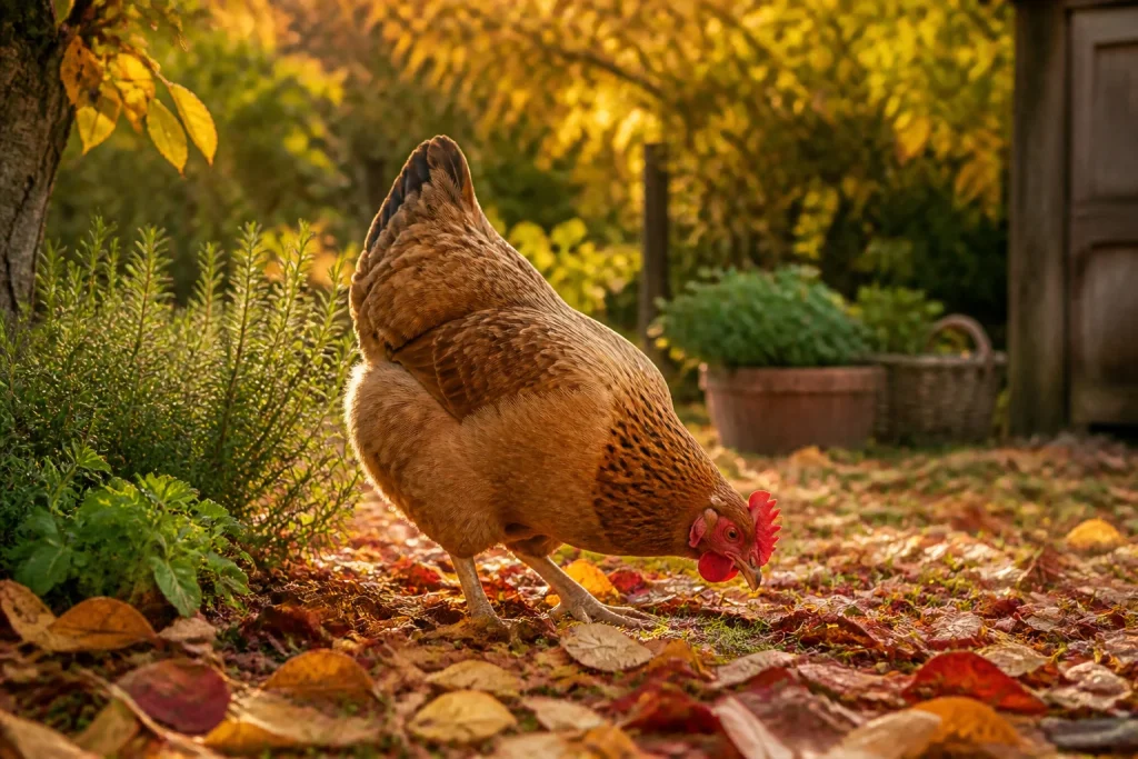 Poule dans un jardin dautomne