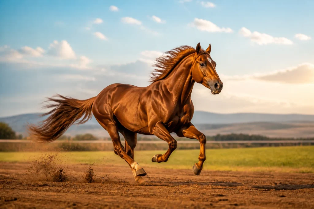 Cheval au galop dans la lumiere doree