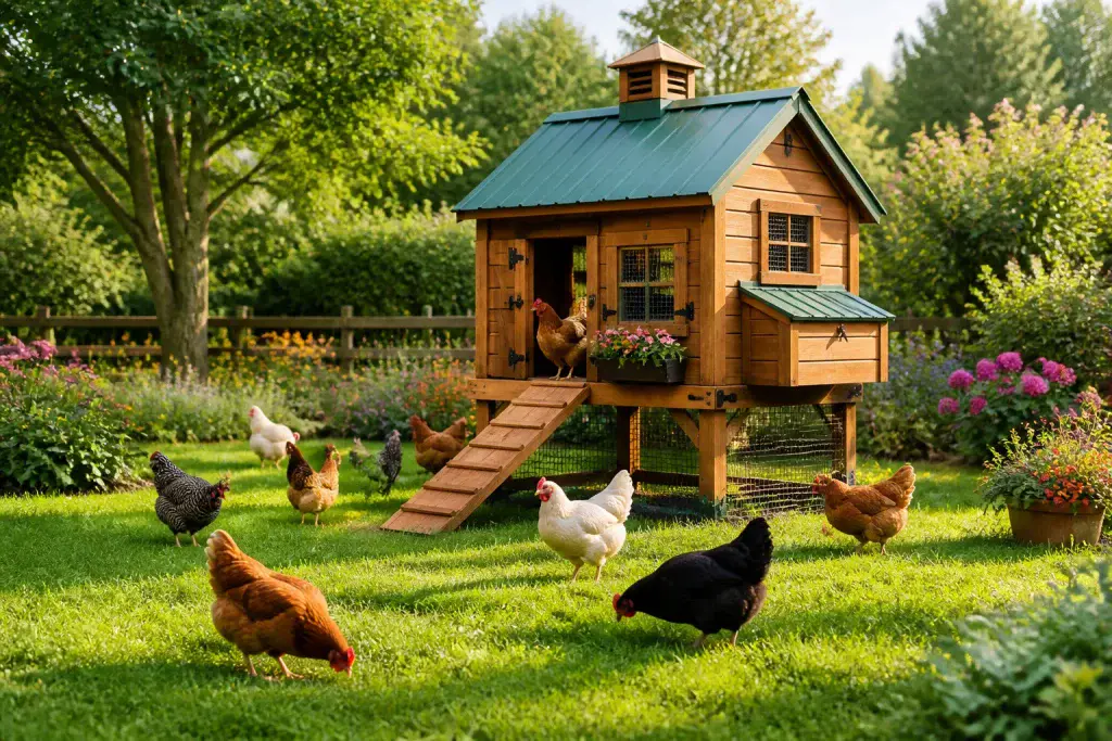 Poulailler en bois dans un jardin verdoyant