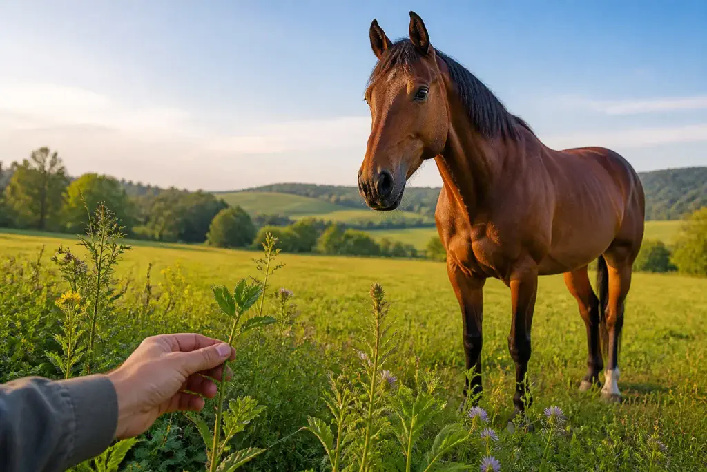 Cheval et main inspectant la flore