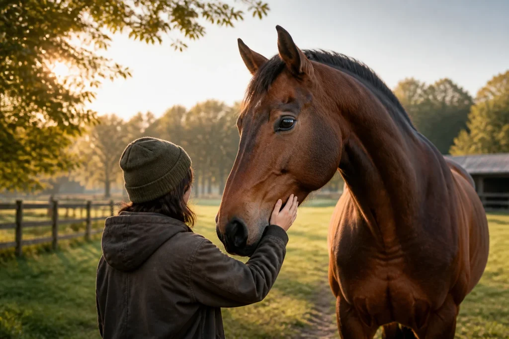 Connexion douce entre un humain et un cheval