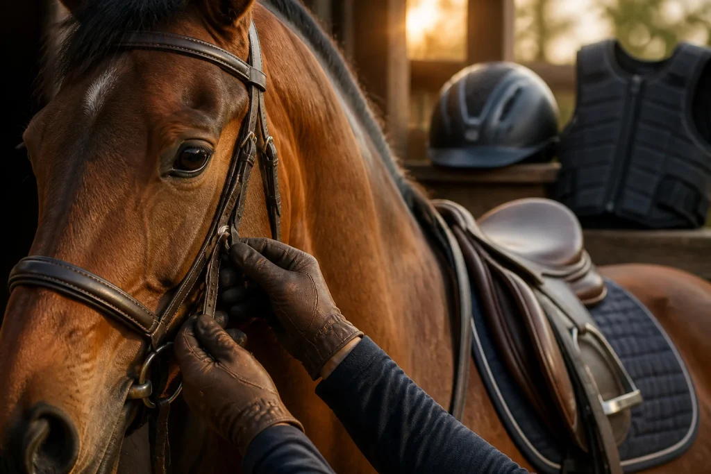 Preparation equestre au coucher du soleil