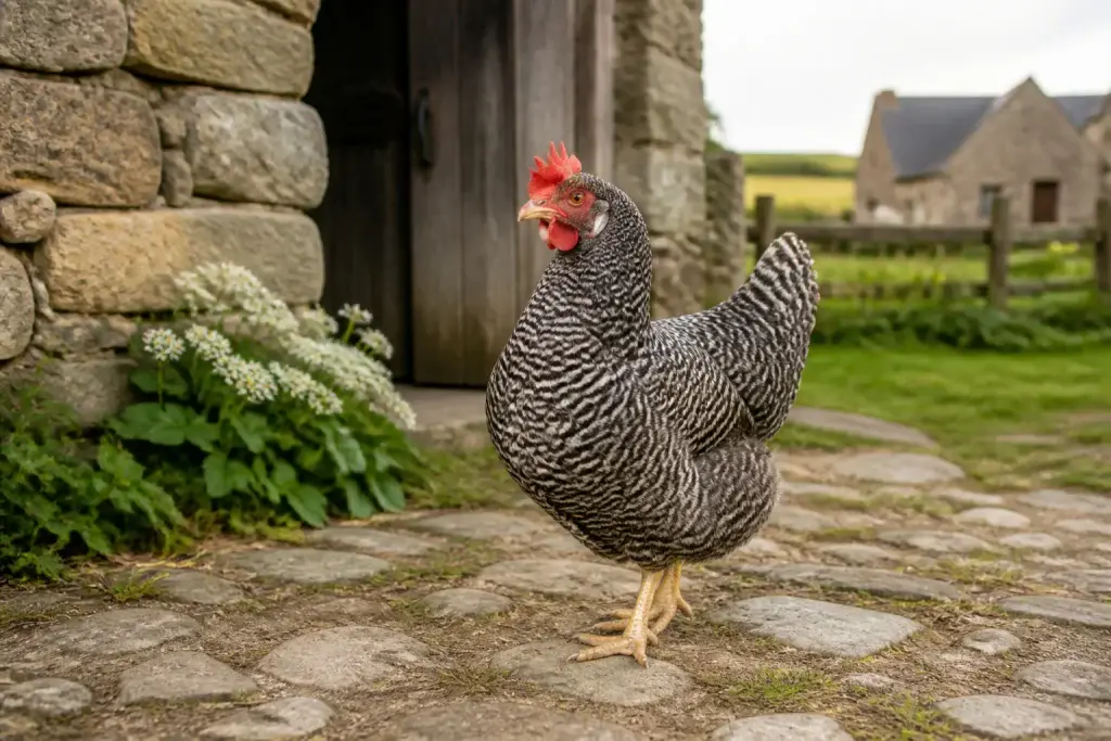 Poule coucou de rennes dans une ferme bretonne