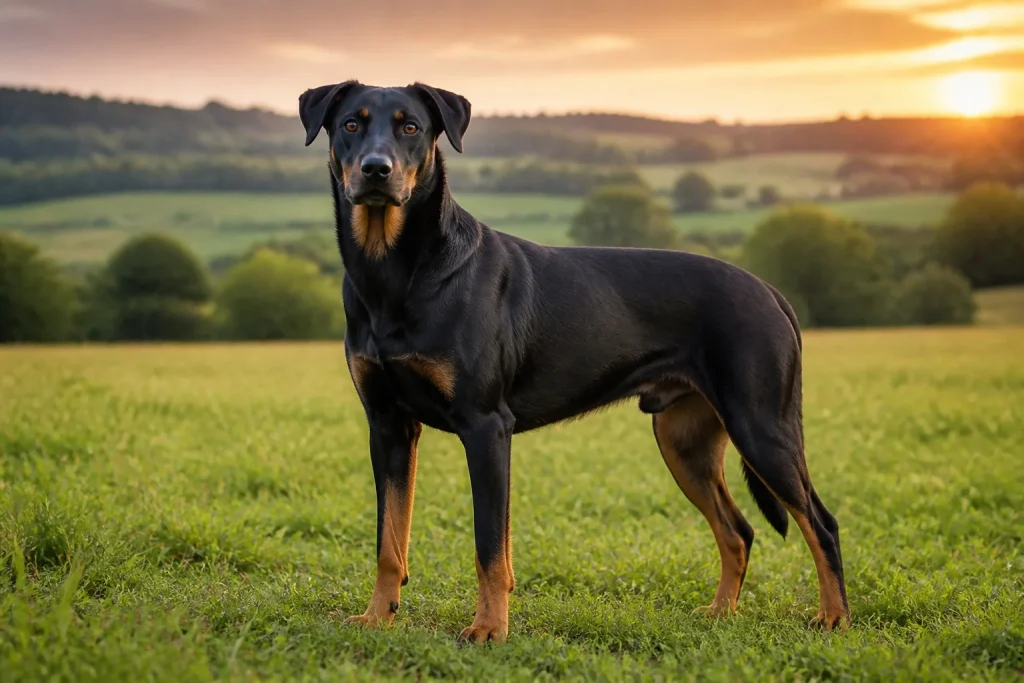 Beauceron majestueux au coucher du soleil
