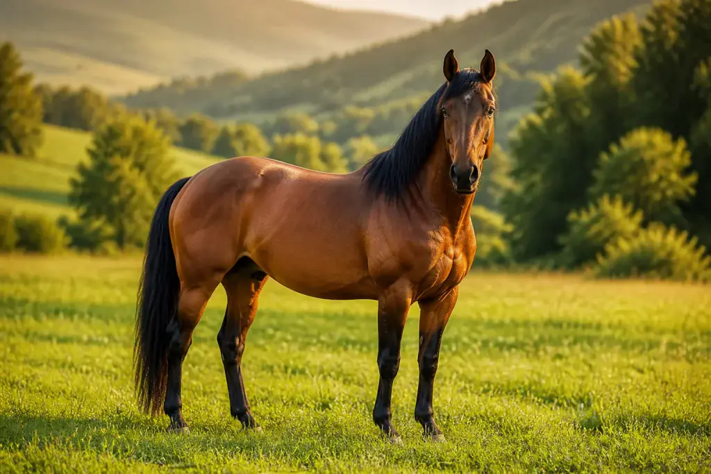 Majestueux cheval bai au crepuscule