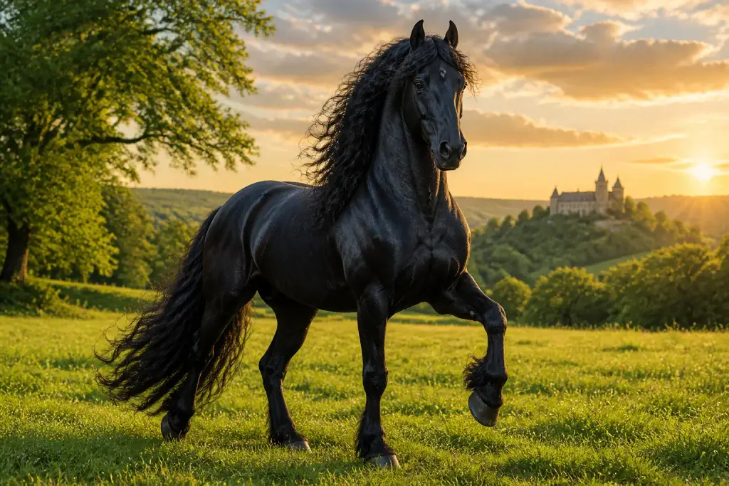 Etalon frison majestueux au coucher du soleil