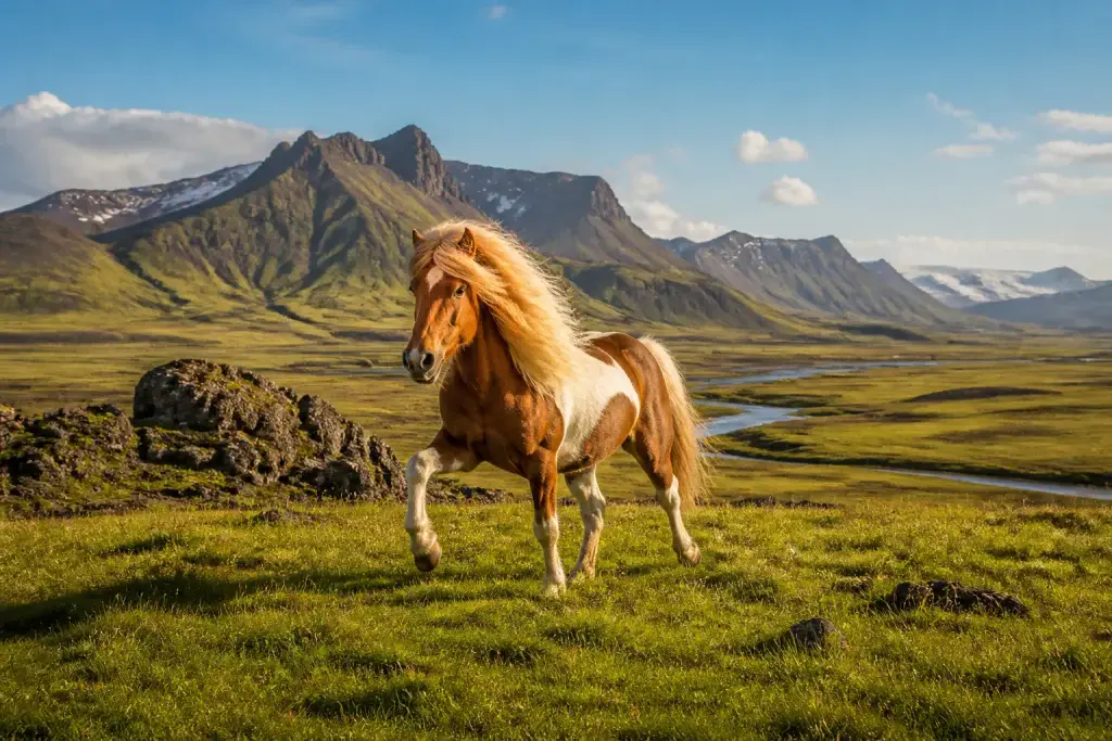 Cheval islandais en mouvement dans un paysage epique