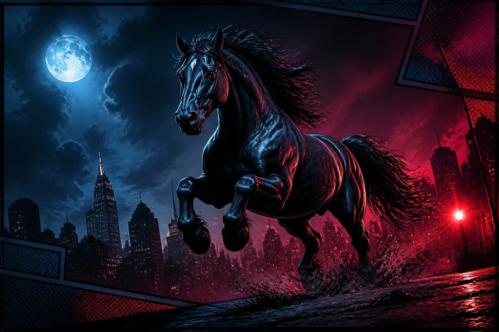 Cheval noir en plein essor style roman graphique