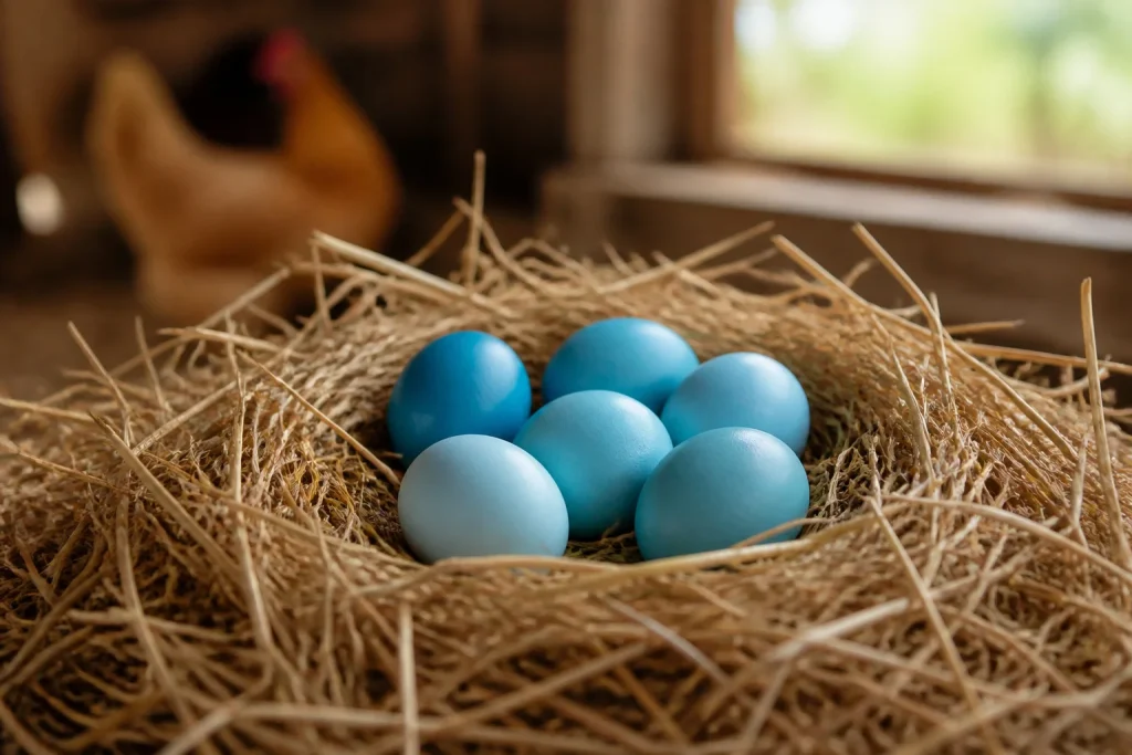 Oeufs bleus dans un nid de paille