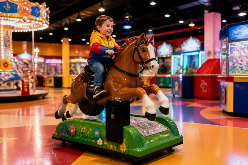 Enfant joyeux sur un manege a jetons