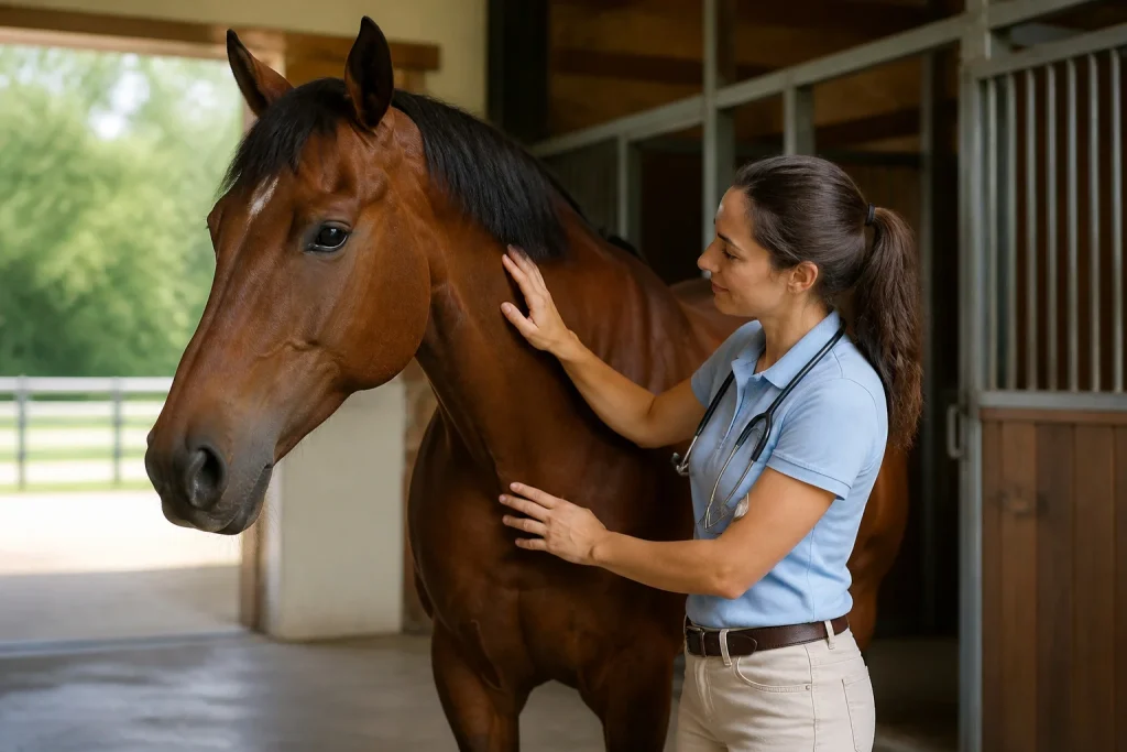 Veterinaire et cheval dans une etable