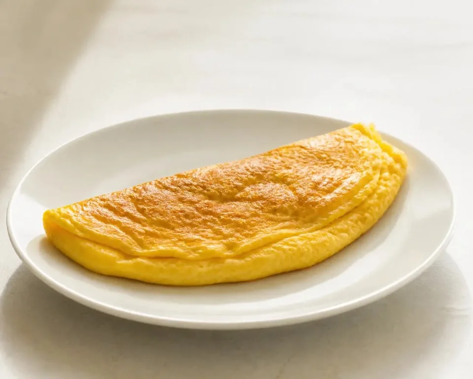 Faire une omelette dorée et moelleuse servie dans une assiette blanche