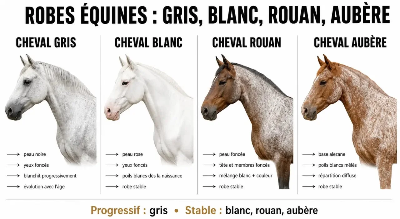 Cheval gris comparé au cheval blanc, au rouan et à l’aubère