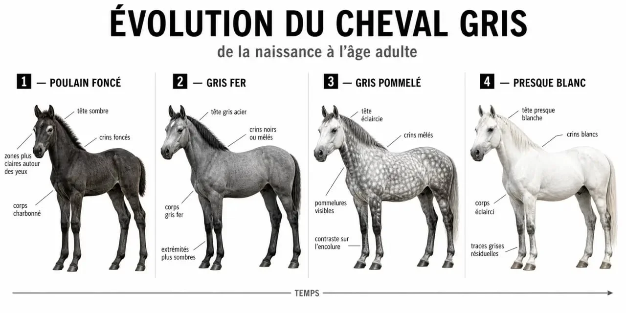 Évolution d’un cheval gris du poulain foncé au cheval presque blanc
