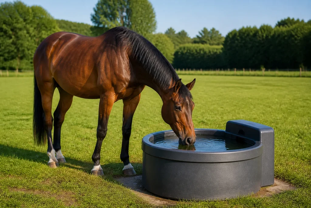 Cheval buvant dans un abreuvoir