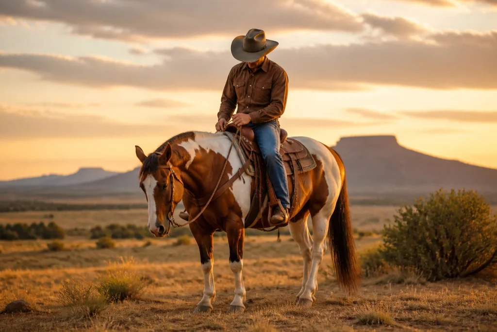 Cowboy et cheval au coucher du soleil