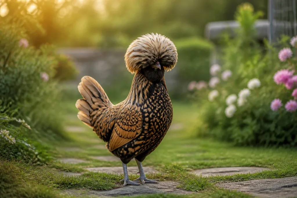 Poule padoue majestueuse dans un jardin
