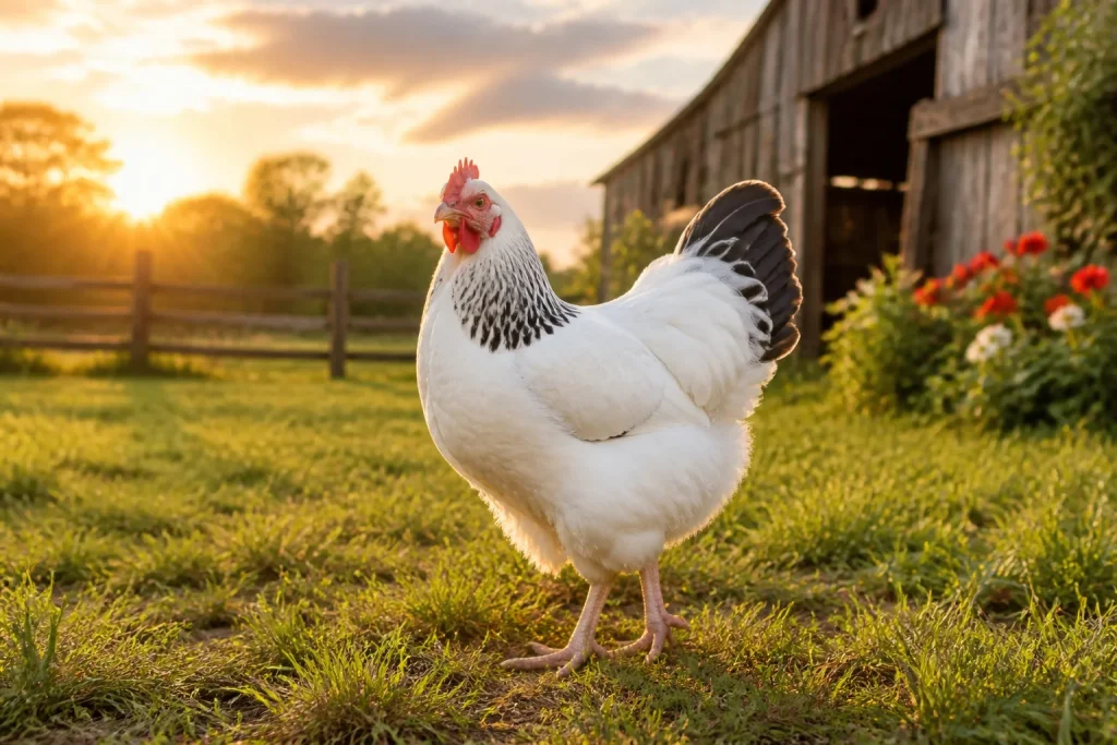 Poule sussex au coucher du soleil