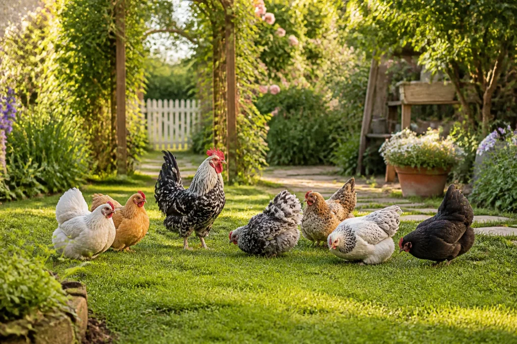 Poules naines paisibles dans un jardin