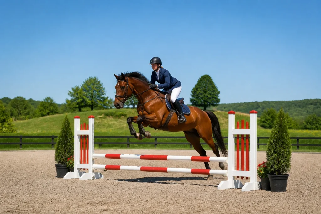 Cavalier et cheval en plein saut