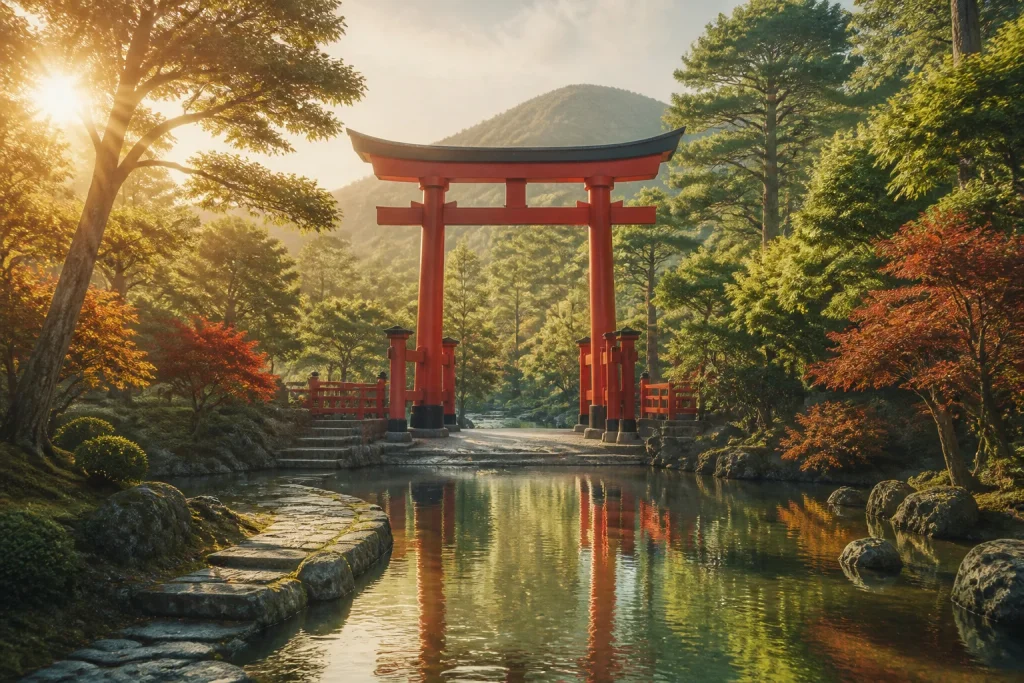 Torii rouge au lever du soleil