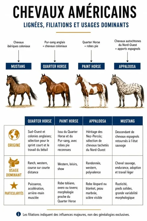 Chevaux américains : infographie comparative des principales races Quarter Horse, Paint Horse, Appaloosa et Mustang