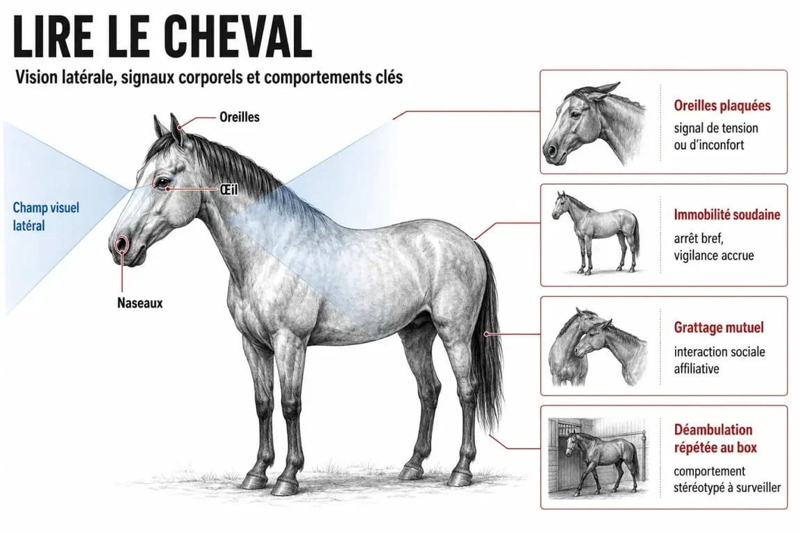 Éthologie équine : schéma des sens du cheval et des signaux de communication