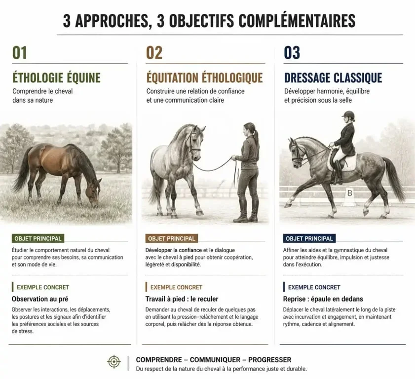 Éthologie équine : comparaison visuelle entre éthologie équine, équitation éthologique et dressage classique